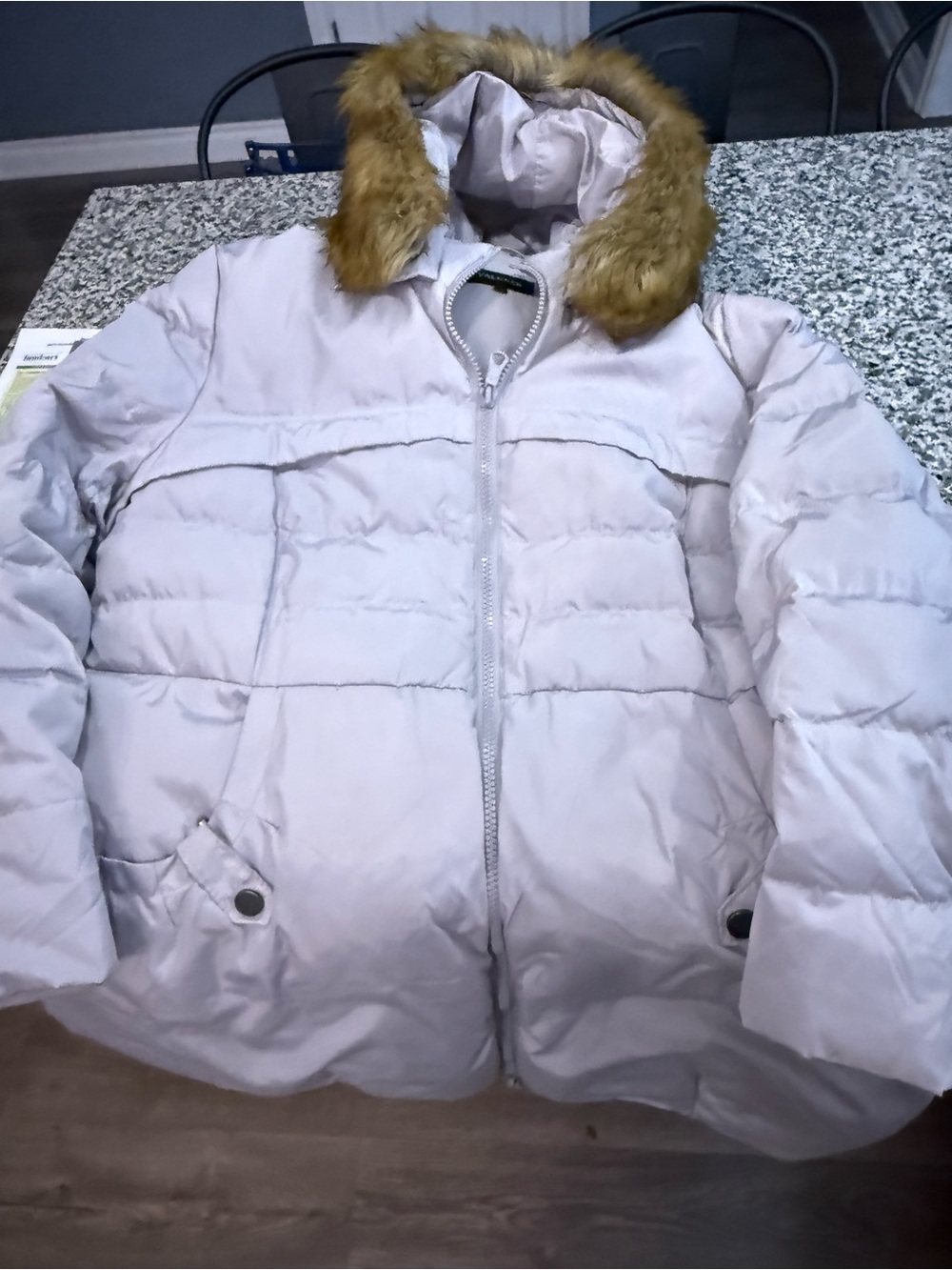 Women’s Light Gray Puffer Jacket with Faux Fur Trim